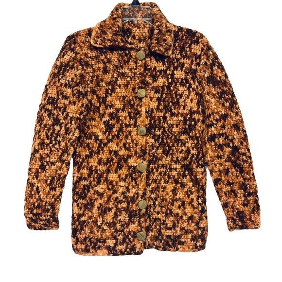 Handmade Sweaters - Vintage Handmade Crochet Cardigan Sweater w Collar Wooden Buttons Pockets S / M